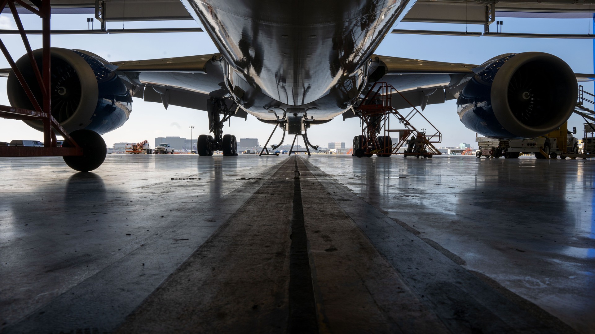 787 Commercial airplane in a hangar for maintenance.